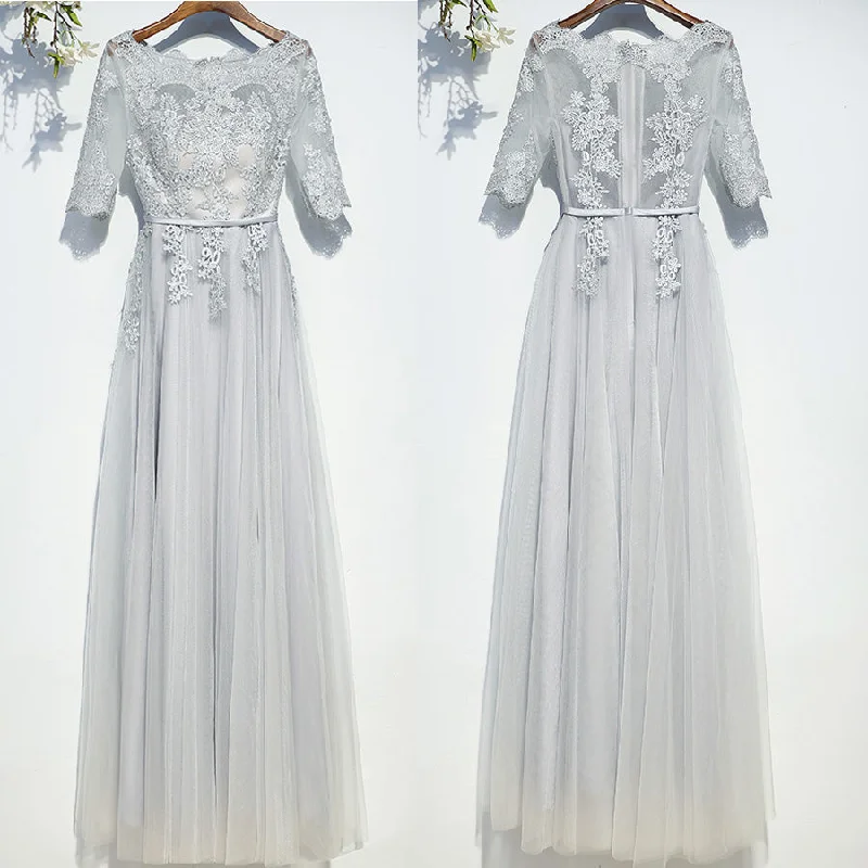 Half Sleeves Tulle Applique Light Grey Cheap On Sale Long Prom Dresses, BGP024