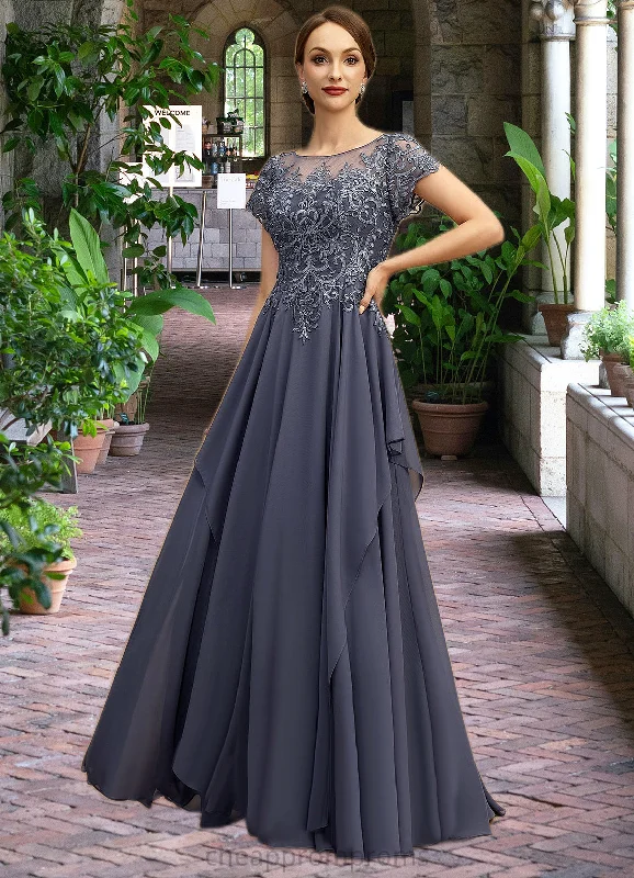 Scarlett A-line Scoop Illusion Floor-Length Chiffon Lace Mother of the Bride Dress With Cascading Ruffles Sequins STIP0021897 Scarlett A-line Scoop Illusion Floor-Length Chiffon Lace Mother of the Bride Dress With Cascading Ruffles Sequins STIP0021897