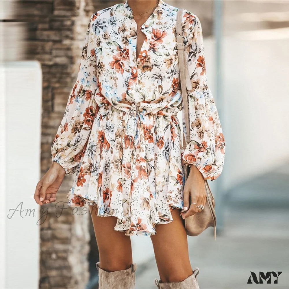 Amy Fashion - White Ruffled Lantern Sleeve Elegant Mini Vintage Print Irregular Dress