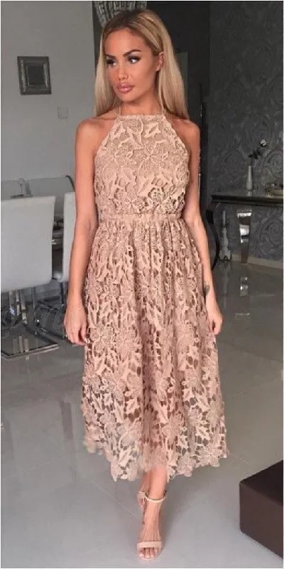 A-Line Spaghetti Straps Ankle-Length Champagne Lace Homecoming Dress cg1901