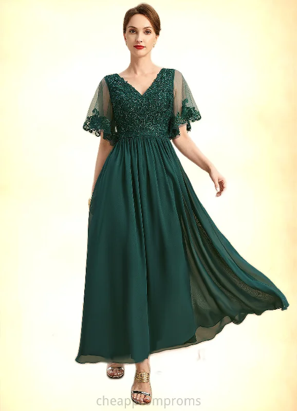 Violet A-line V-Neck Ankle-Length Chiffon Lace Mother of the Bride Dress With Sequins STIP0021914 Violet A-line V-Neck Ankle-Length Chiffon Lace Mother of the Bride Dress With Sequins STIP0021914