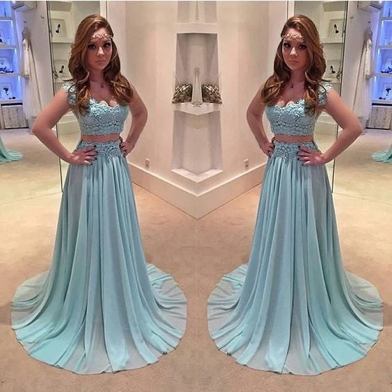 2 Pieces Lace Blue Beautiful Junior Long Prom Dresses, BG51479