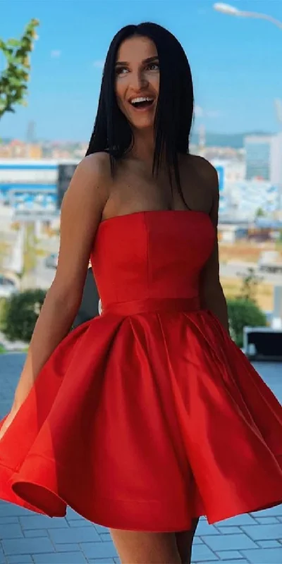 Simple Red Satin Strapless Short Formal Homecoming Dress  cg4334