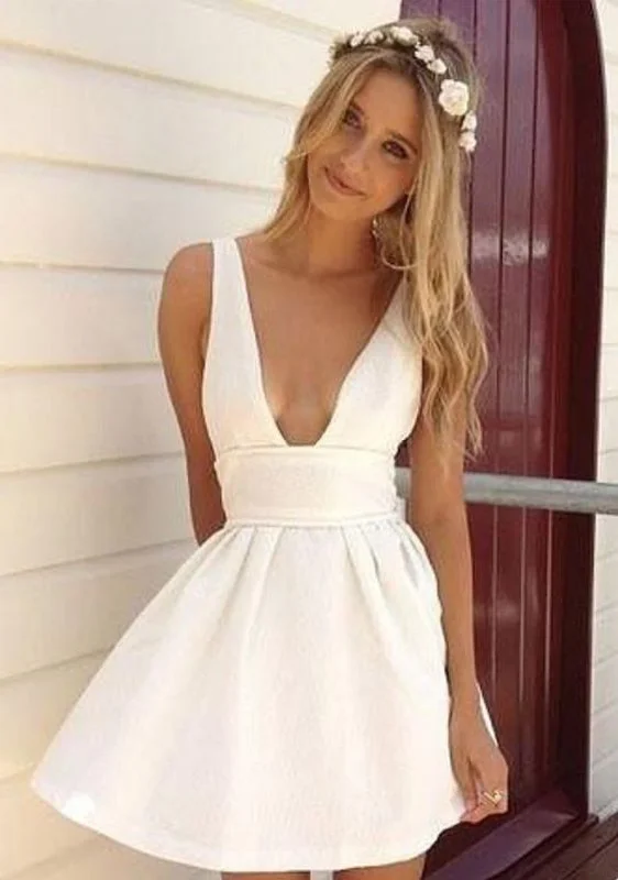 Summer A-Line Deep V-Neck White Satin Short Homecoming/Graduation dress cg4675