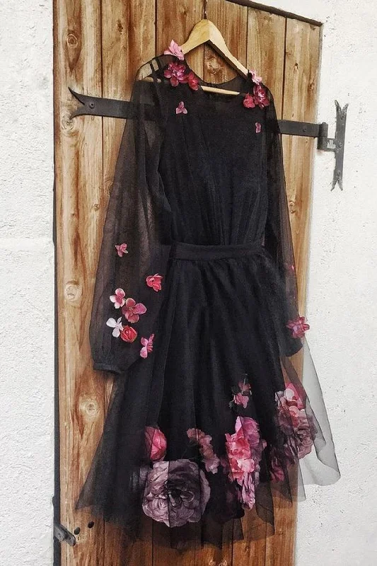 Cute Black Tulle Round Neck Short homecoming Dress, Homecoming Dress With Flower cg1984 Cute Black Tulle Round Neck Short homecoming Dress, Homecoming Dress With Flower cg1984