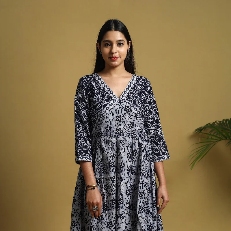 Blue - Flared Cotton Batik Print Dress 04
