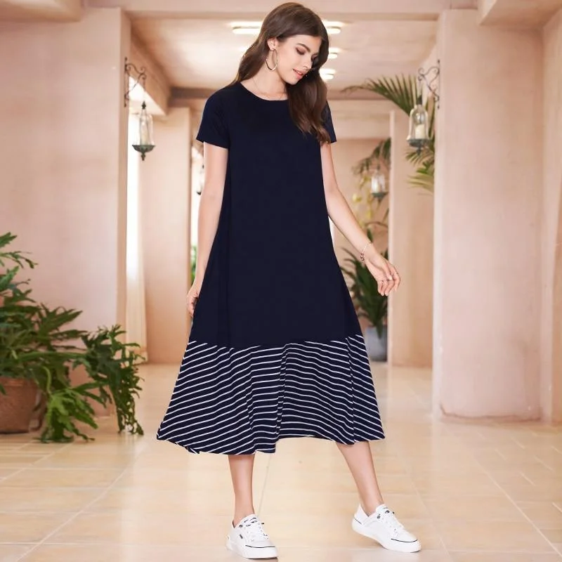 FashionSierra - Blue Striped Hem Stitching Straight Long Short Sleeve O-neck College Style Loose Midi Dress Comfortable Adjustable Strap Midi Dress