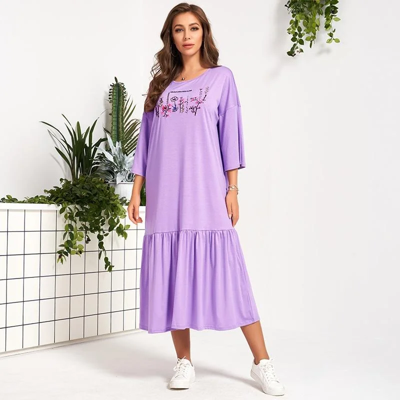 FashionSierra - Summer Dress Women Purple Loose Casual Hand Drawn Floral Letter Print 3/4 Sleeve Ruffle Hem Stitching Long Midi Dresses Comfortable Draped Midi Dress