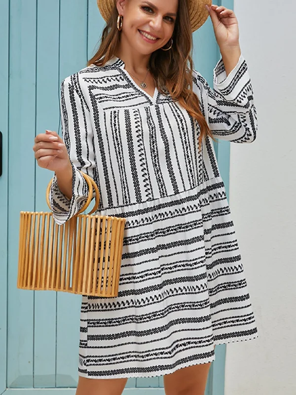 KittenAlarm - Stripe Notch Neck Midi Dress Comfortable Casual Midi Dress