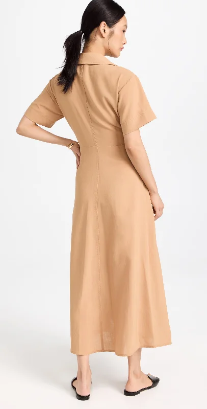 A.L.C. Women Florence Raffia Tan Insert Pleated Skirt Midi Dress Comfortable Button Front Midi Dress