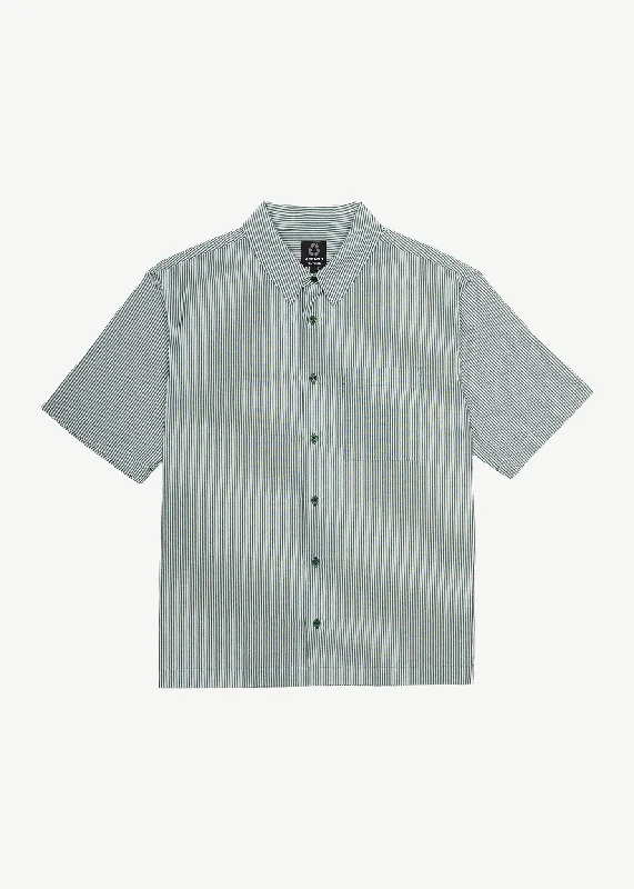 AFENDS Mens Intergalactic - Short Sleeve Shirt - Emerald Stripe Cozy Plain Short Sleeve