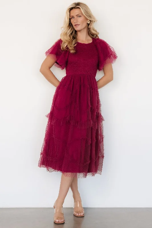 Ambrose Dotted Tulle Midi Dress | Burgundy Fashionable High-Neck Midi Dress