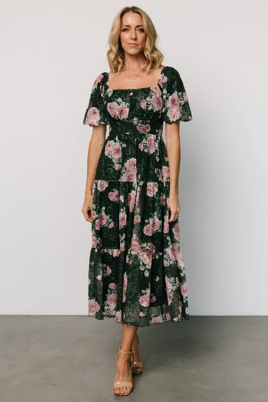 Annabeth Midi Dress | Dark Green + Pink Cozy A-Line Midi Dress