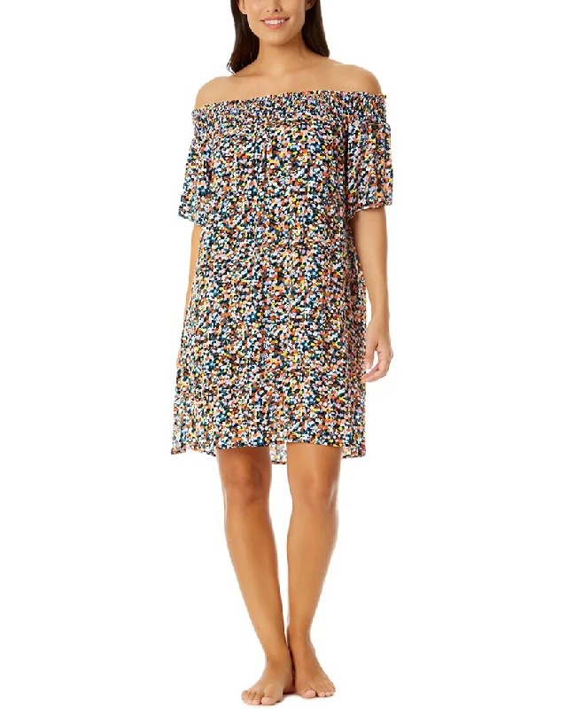 Anne Cole Smocked Off Shoulder Mini Dress Classic Floral Print Mini Dress