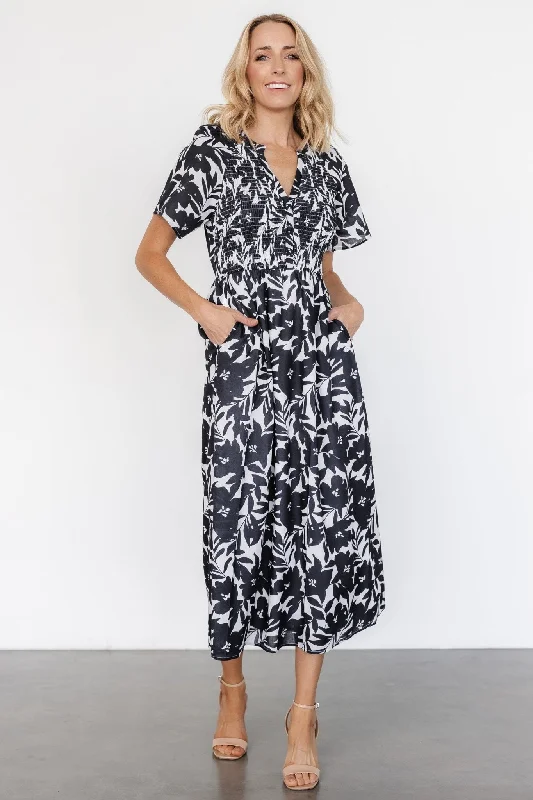 Annise Midi Dress | Black Floral Trendy Off-Shoulder Button Midi Dress