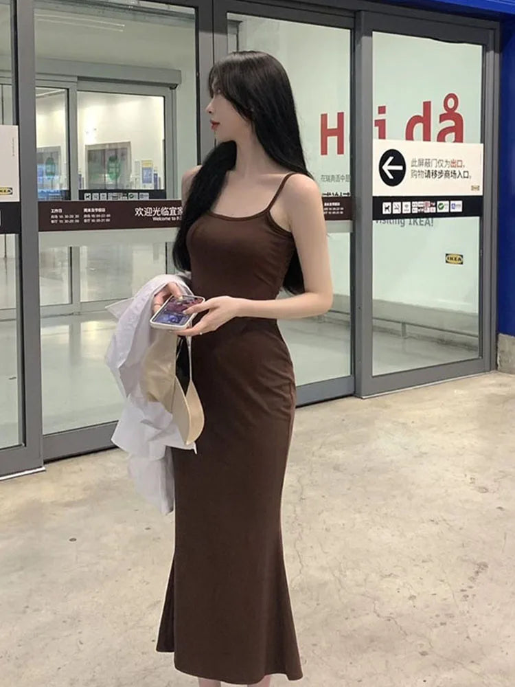 Autumn Pure Sleeveless Sexy Sheath Hotsweet Korean Popular Midi Dresses Stylish Midi Dress with Cuffs