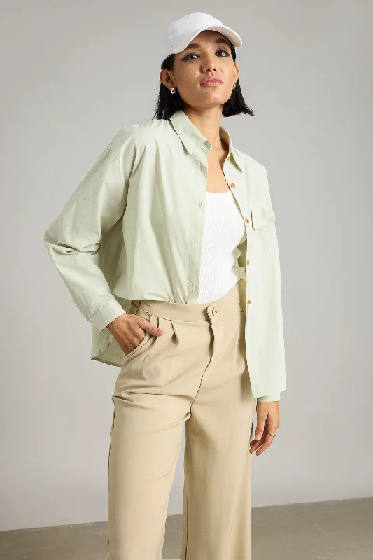 Mint Green Asymmetrical Shirt Classic V-Neck Short Shirt