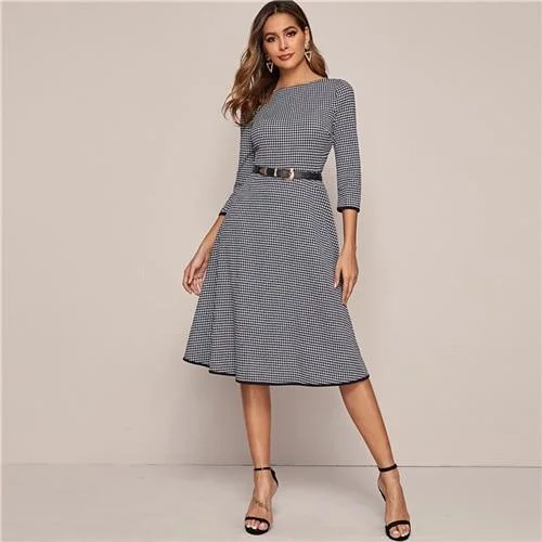 FashionSierra - Black And White Houndstooth Elegant Dress Without Belt Women Spring 3/4 Length Sleeve Ladies A Line Midi Dresses Fashionable Casual Midi Dress