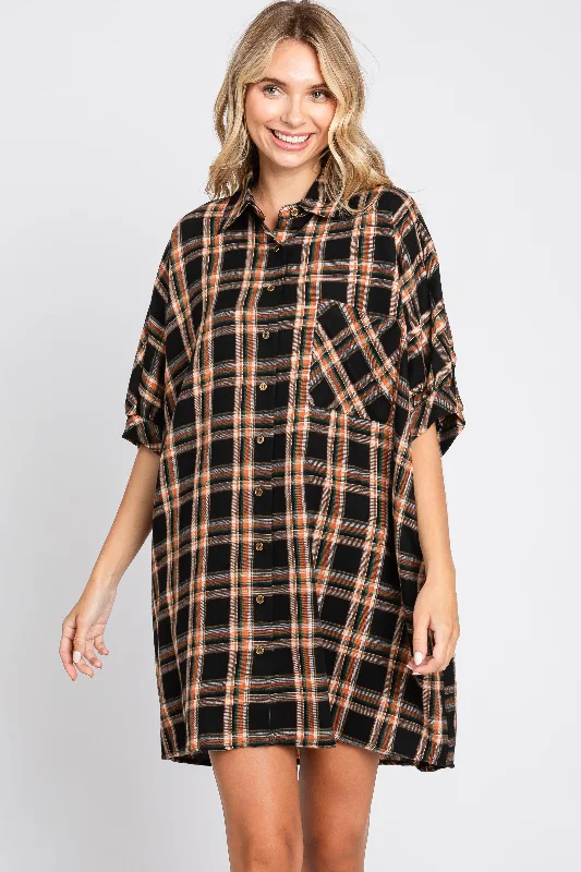 Black Plaid Oversized Mini Dress Cozy Long Sleeve Mini Dress