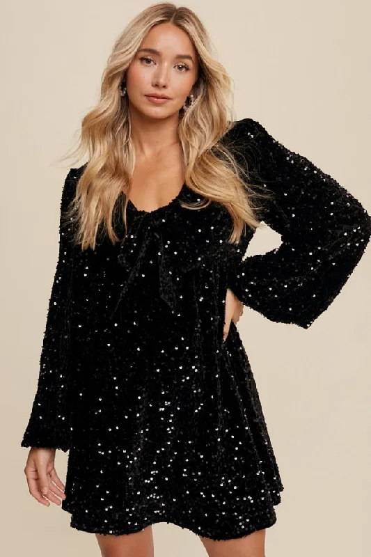 Black Sequin Velour Front Tie Mini Dress Classic Casual Mini Dress