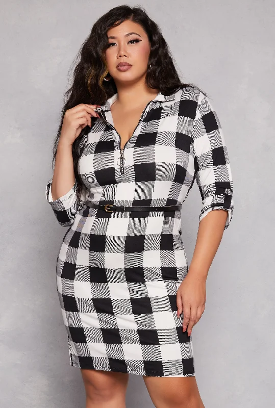 Plus Size Plaid Half Zip Belted Midi Dress Fashionable Polka Dot Midi Dress