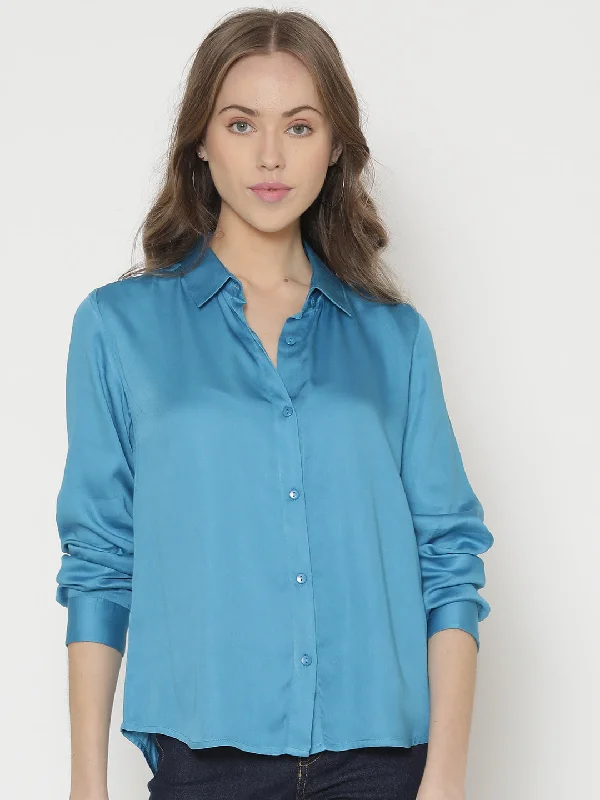 Blue Buttondown Shirt Casual Cotton Short Shirt