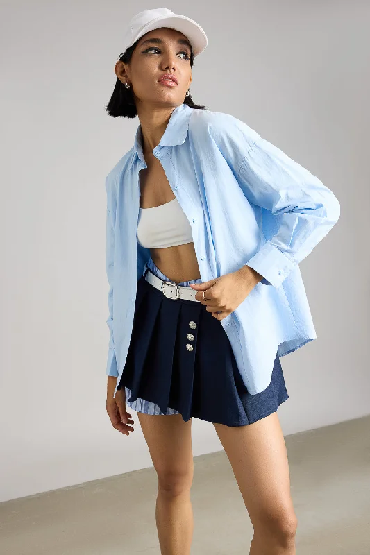 Pastel Blue Shirt Fashionable Button-Front Short Sleeve