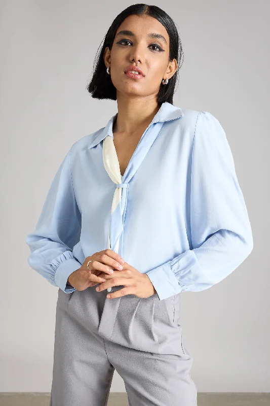 Blue Shirt With Ribbon Tie Trendy Button-Front Short Sleeve