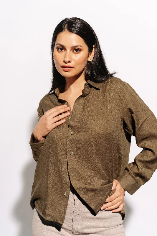 Burnt Brown Linen Shirt Relaxed Fit Short Blouse