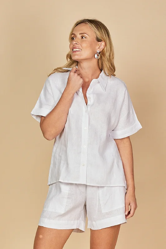 Carmen Linen Shirt in White Elegant Button-Down Short Shirt