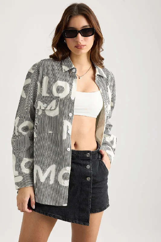 Grey Striped Graffiti Shirt Cozy Loose Fit Short Sleeve