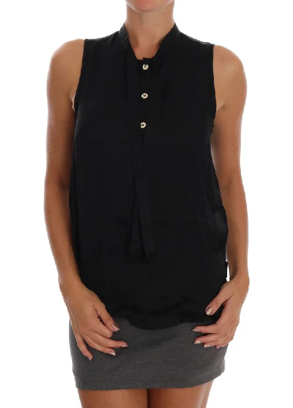 Chic Sleeveless Black Shirt Blouse Elegant Draped Short Sleeve