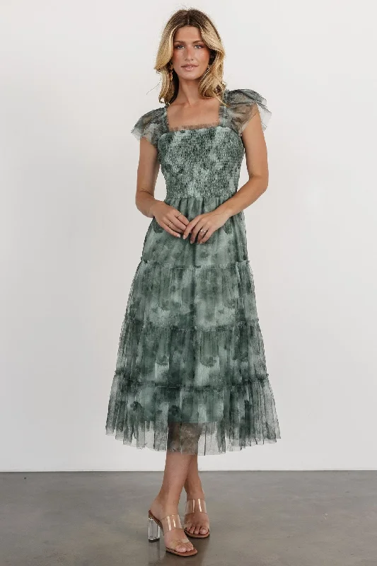 Clementine Tulle Midi Dress | Dusty Green Print Fashionable Polka Dot Midi Dress