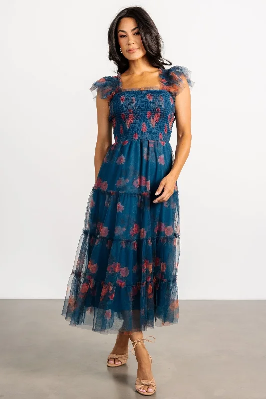 Clementine Tulle Midi Dress | Persian Blue + Rust Comfortable Deep V Midi Dress