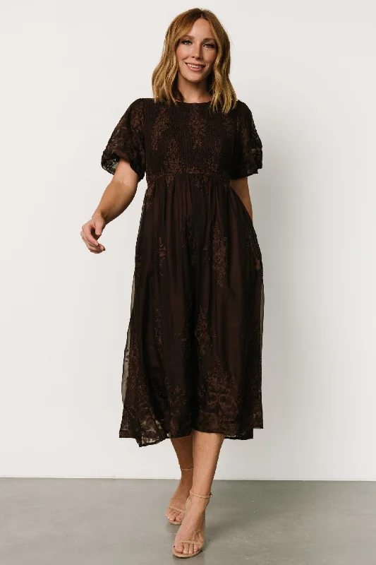 Corrine Embroidered Midi Dress | Brown Fashionable Off-Shoulder Dress Midi