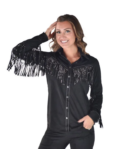 Cowgirl Tuff Womens Crystal Fringe Black Polyester L/S Shirt XL Stylish Split-Hem Short Shirt