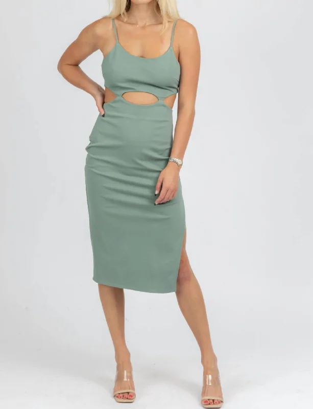 Cutout Detail Midi Dress In Deep Green Trendy Tiered Hem Midi Dress