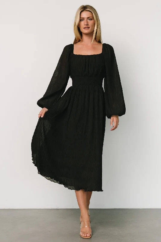 Dalton Pleated Midi Dress | Black Elegant Puff Sleeve Midi Dress