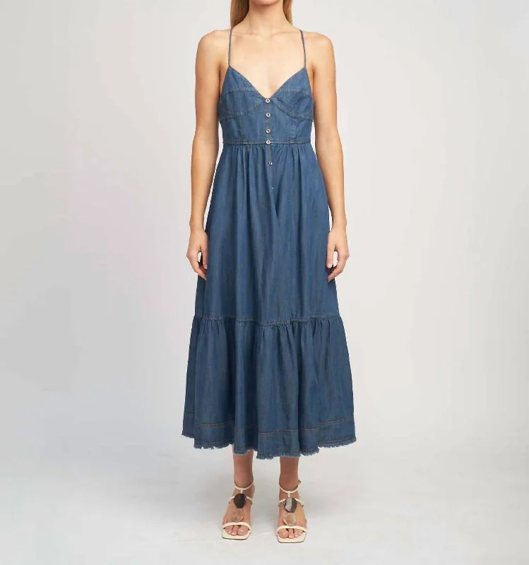 Denim Midi Dress In Blue Trendy Off-Shoulder Button Midi Dress