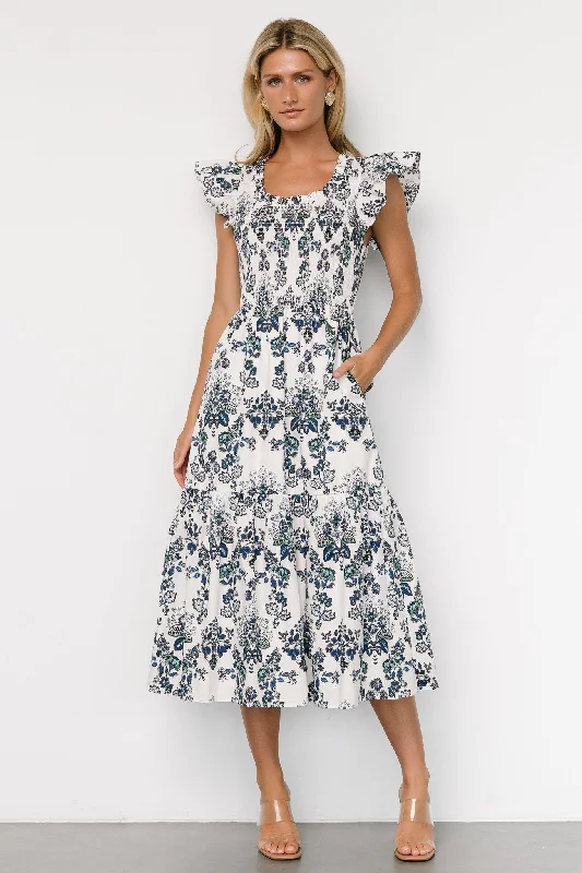 Dominique Midi Dress | White + Cobalt Cozy Wide Strap Midi Dress