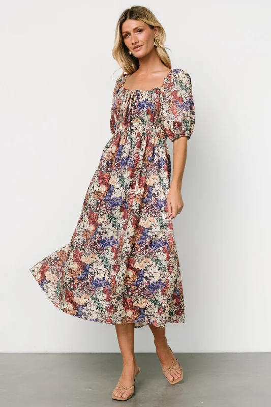 Eden Midi Dress | Black Multi Print Fashionable High-Low Midi Dress