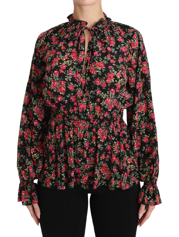 Elegant Black Floral Silk Shirt Trendy Print Short Sleeve