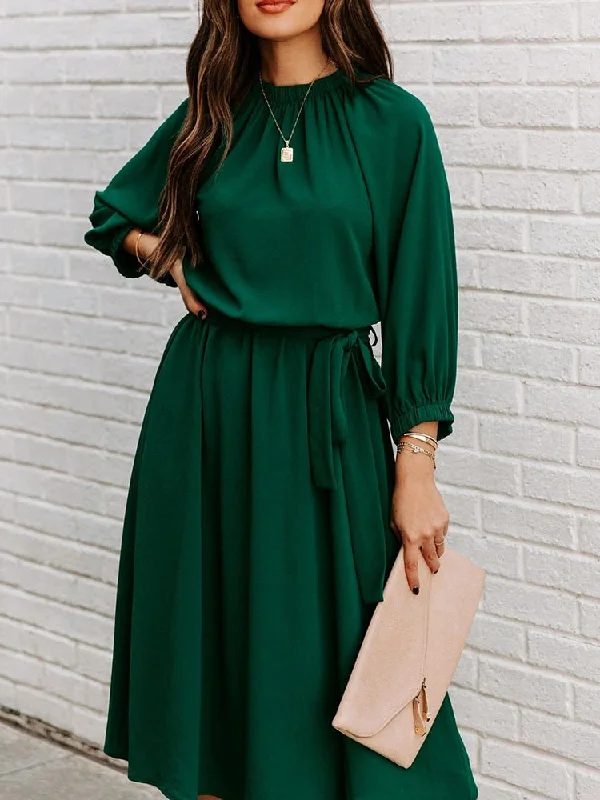 DressBetty - Elegant Office Dress Formal Loose Green Long Sleeve Belt A-Line Midi Dresses Comfortable Fit-and-Flare Midi Dress