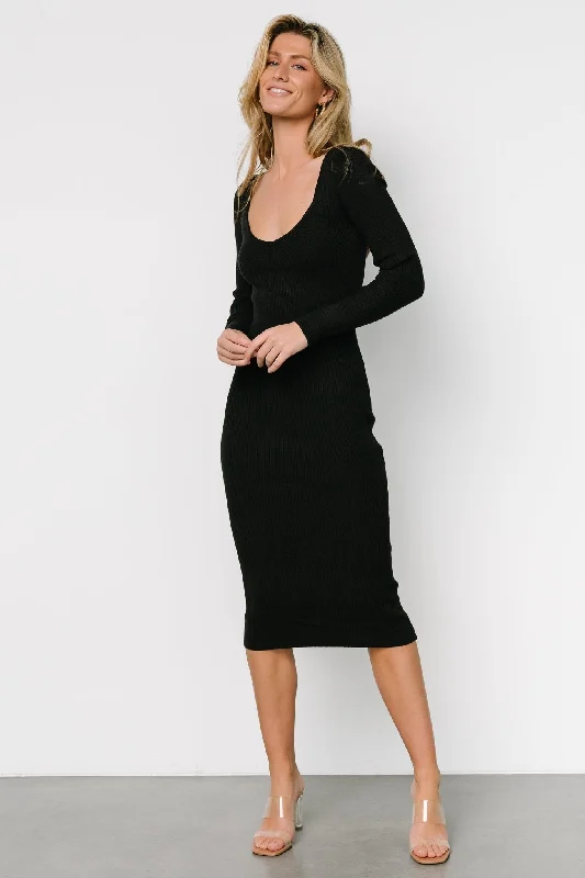 Eve Ribbed Midi Dress | Black Trendy Off-Shoulder Ruffle Midi Dress