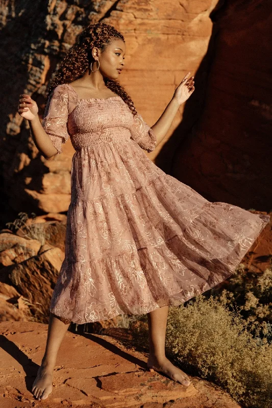 Fabian Jacquard Midi Dress | Mauve + Gold Cozy Ribbed Knit Midi Dress