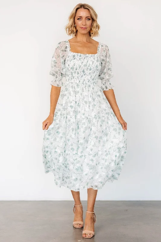 Fabian Jacquard Midi Dress | Off White + Sage Floral Fashionable One-Shoulder Midi Dress