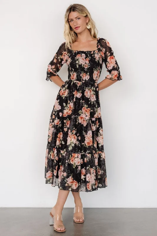 Fabian Jacquard Midi Dress | Peach + Black Floral Fashionable One-Shoulder Midi Dress