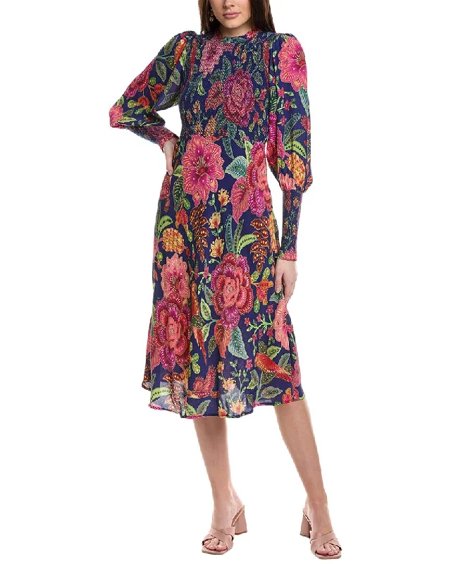 FARM Rio Macaw Bloom Smocking Midi Dress Cozy Midi Dress with Pockets