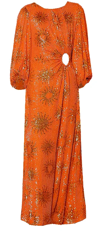 Farm Rio Women Sunny Mood Orange Sequin Long Sleeve Cut Out Midi Dress Comfortable Ribbed Midi Dress