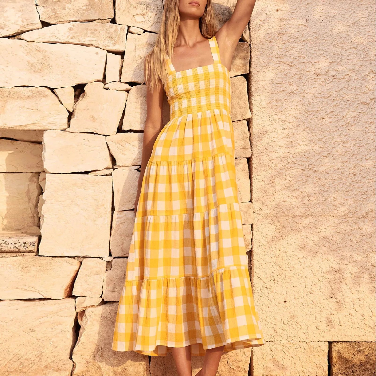 Fashionable Loose Strappy Plaid Vacation Beach Party Sleeveless Casual Tiered Midi Dress Trendy Ruffled Sleeve Midi Dress